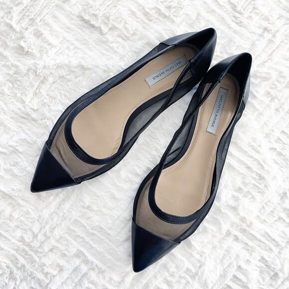 Saks Fifth Avenue Black Mesh and Leather Pointed Flats - Picture 1 of 9